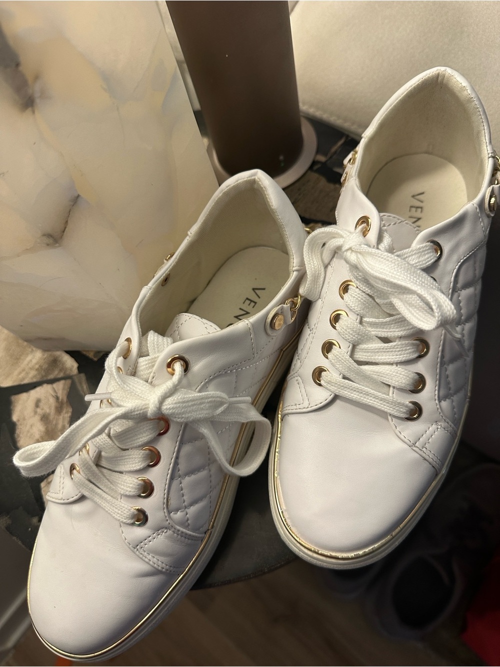 Venus White Quilted Lace-Up Sneakers with Gold Trim